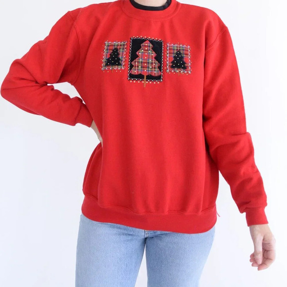 Vintage 90's Top Stitch By Morning Sun Red Christmas Tree Crewneck Sweater Med - Picture 1 of 13